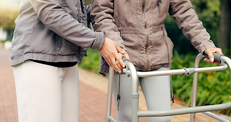 Image showing People, support and walking frame in park or outdoor wellness, exercise and physiotherapy. Person with disability in garden or nature with helping hands for physical therapy, muscle fitness or cardio