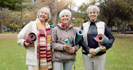 Image showing Old women, friends and yoga in the park, fitness and smile in portrait, health and retirement together. Female people in nature, exercise mat and pilates class with pension, community and wellness