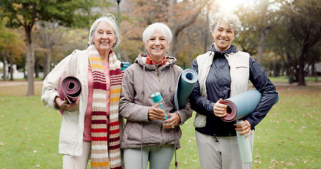 Image showing Old women, friends and yoga in the park, fitness and smile in portrait, health and retirement together. Female people in nature, exercise mat and pilates class with pension, community and wellness