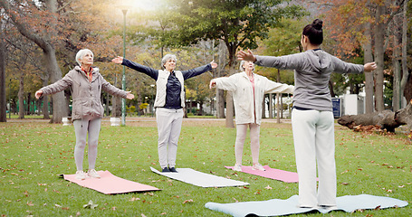 Image showing Trainer, park and elderly women stretching, yoga and fitness for wellness, health and pilates training. Female people, senior club or group outdoor, meditation or workout with exercise or retirement