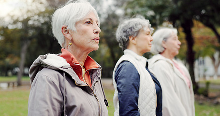 Image showing Breathing, park and elderly women with peace, yoga and fitness for wellness, calm and pilates training. Female people, senior club and group outdoor, meditation and workout with health and fresh air