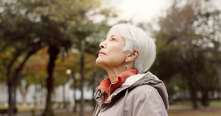 Image showing Freedom, nature and elderly woman breathing on vacation, holiday journey and winter travel. Park, fresh air and senior person outdoor for peace, calm and celebration for health, wellness and relax.