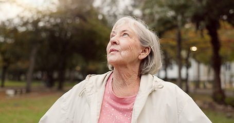 Image showing Senior woman, thinking and outdoor at the park to breathe fresh air in nature or woods on walk in retirement. Happy, face and elderly person with wellness, happiness and positive mindset or gratitude