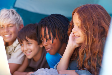 Image showing Children, relax and watch laptop on floor together with cartoon, movie or online games on holiday or vacation. Kids, smile and playing with computer on website, streaming or search on internet