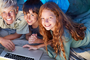Image showing Children, portrait and relax with laptop on floor together with happiness and online games for holiday or vacation. Kids, smile and playing with computer on website, streaming or search on internet