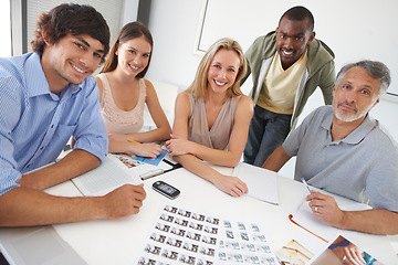 Image showing People, team and portrait for project planning at agency for creative development, collaboration or meeting. Diversity, paperwork and face in boardroom for brainstorming campaign, ideas or notepad