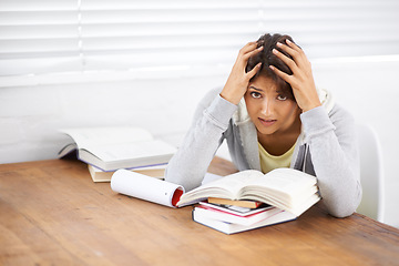 Image showing Student, woman and frustrated with studying or books for knowledge and education with notes in bedroom..Young person, girl and portrait at desk or confused for scholarship, project and assessment