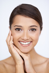 Image showing Portrait, smile and beauty with natural woman in studio on white background for aesthetic wellness. Face, skincare and cosmetics with happy young person looking satisfied with smooth or soft skin