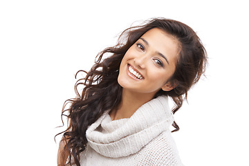 Image showing Happy, hair care and portrait of woman with beauty and healthy glow on skin in white background of studio. Dermatology skincare and girl smile for shine from cosmetics or treatment in Brazil