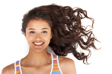 Image showing Portrait, beauty and happy woman with curly hair, care and isolated on a white studio background. Face, wavy hairstyle and makeup cosmetics of model in salon treatment, hairdresser and facial skin