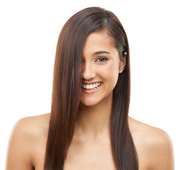 Image showing Hair care, smile and portrait of woman in studio for cosmetic, salon and beauty treatment. Happy, confident and young female person with healthy and shiny hairstyle routine by white background.