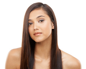 Image showing Portrait, hair care and woman with volume, wellness and treatment isolated on a white studio background. Face, Indian person and model grooming for scalp, beauty or growth with shine and aesthetic