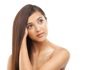 Image showing Hair care, woman and cosmetics or thinking in studio with keratin treatment, soft texture and shampoo shine on mockup. Model, person and beauty with hairstyle ideas, face and glow on white background