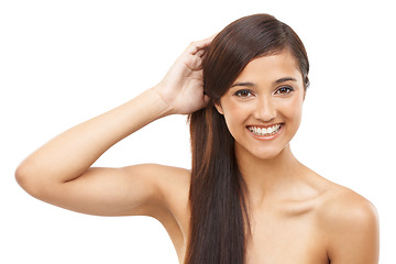 Image showing Hair care, woman and portrait or happy in studio with keratin treatment, soft texture and shampoo shine. Model, Indian person and face with hairstyle, cosmetics and collagen glow on white background