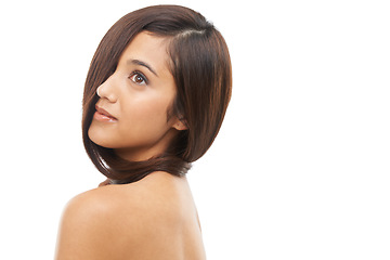 Image showing Hair care, wellness and young woman in studio for cosmetic, salon and beauty treatment. Health, confident and female model with shiny conditioner hairstyle routine by white background with mockup.