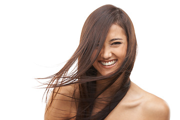 Image showing Hair care, woman and portrait or excited in studio with keratin treatment, soft texture and shampoo shine. Model, Indian person and face with mockup, cosmetics and collagen glow on white background
