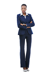 Image showing Portrait, business and black woman with arms crossed in studio isolated on a white background mockup. Job, confidence and professional lawyer in suit, attorney and African employee working in Kenya