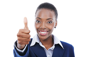 Image showing Thumbs up, portrait and black woman with agreement in business with happiness in white background. African, entrepreneur and show thank you sign with hand for approval and emoji for like and yes