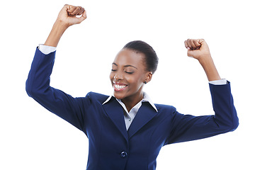 Image showing Business, success and happy black woman in celebration of goal achievement in studio isolated on a white background. Cheers, yes and professional smile for victory, award winner or bonus promotion