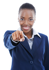 Image showing Happy, black woman and portrait with pointing at you for hiring and recruitment in business on white background. Hr, decision and person gesture with invitation to join us from onboarding choice