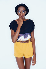 Image showing Portrait, fashion and wow with hipster black woman in studio on white background for reaction or alert. Surprise, shock or omg and young person in glasses with wtf emoji or facial expression