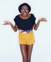 Image showing Confused student and portrait of black woman with question and college with choice in studio background. Thinking, why and problem solving with African person in university with doubt in decision