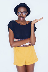 Image showing Funny, fashion and portrait of black woman with mustache in studio with hipster in white background. Silly, nerd and geek with goofy style and surprise comedy joke with trendy hat or unique outfit