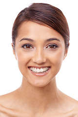 Image showing Portrait, smile and skincare with natural woman in studio on white background for aesthetic wellness. Face, beauty and cosmetics with happy young person looking satisfied with smooth or soft skin