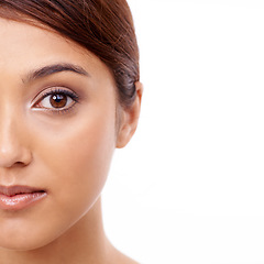 Image showing Woman, makeup and beauty with half portrait, cosmetics and female model for skincare on white background. Young, beautiful and mockup space with shine, facial glow and clean dermatology treatment