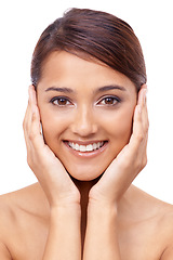 Image showing Portrait, happy and beauty with natural woman in studio on white background for aesthetic wellness. Smile, skincare and cosmetics with face of young person looking satisfied with smooth or soft skin