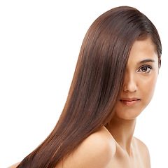 Image showing Hair care, cosmetic and young woman in studio for wellness, salon and beauty treatment. Health, confident and portrait of female person with shiny and beautiful hairstyle routine by white background.