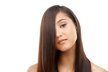 Image showing Shiny, hair care and young woman in studio for cosmetic, salon and beauty treatment. Wellness, confident and portrait of female person with healthy hairstyle routine by white background with mockup.