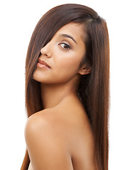 Image showing Hair care, salon and portrait of woman in studio for cosmetic, wellness and beauty treatment. Health, confident and young female model with shiny conditioner hairstyle routine by white background.