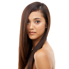 Image showing Portrait, hair care and woman with beauty, glow and treatment isolated on a white studio background. Face, Indian person and model grooming for scalp, luxury or growth with shine, volume and wellness