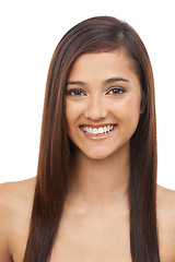 Image showing Portrait, hair care and woman with volume, luxury and treatment isolated on a white studio background. Face, Indian person and model grooming for scalp, beauty or growth with shine, glow and wellness