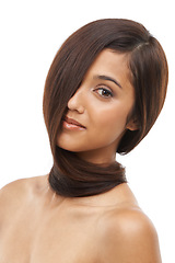 Image showing Hair care, smile and portrait of young woman in studio for cosmetic, salon and beauty treatment. Happy, confident and model with healthy, conditioner and shiny hairstyle routine by white background.