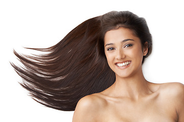 Image showing Hair care, woman and portrait or beauty in studio with keratin treatment, soft texture and shampoo shine. Model, face and happy with hairstyle results, cosmetics and collagen glow on white background