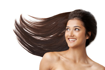 Image showing Hair care, woman and happy or thinking in studio with keratin treatment, soft texture or shampoo shine on mockup. Model, person and beauty with hairstyle ideas, cosmetics and glow on white background