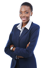 Image showing Portrait, business and smile of black woman with arms crossed in studio isolated on a white background. Face, confidence and professional lawyer in suit, attorney and employee work on career in Kenya