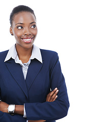 Image showing Black woman, thinking and arms crossed with idea for business with lawyer in white background or mockup. Legal, solution and attorney smile for information to faq and problem solving with law