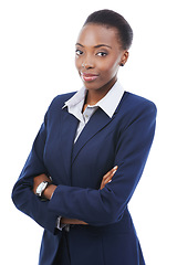 Image showing Portrait, business and black woman with arms crossed in studio isolated on a white background. Face, confidence and professional lawyer in suit, attorney and African employee work on career in Kenya