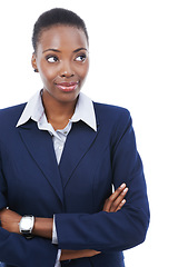 Image showing Business, thinking and black woman with arms crossed in studio or lawyer in white background and mockup. Legal, question and attorney curious for information to faq and problem solving with law