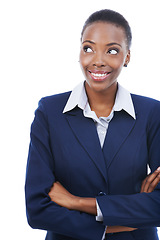 Image showing African, happy woman and thinking of business with arms crossed and lawyer in white background of mockup. Legal, solution and attorney smile for information to faq and ideas for law in studio