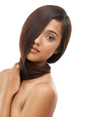 Image showing Hair care, salon and portrait of woman in studio for cosmetic, wellness and beauty treatment. Health, confident and young female person with shiny conditioner hairstyle routine by white background.