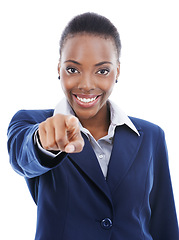 Image showing Happy, black woman and portrait with pointing at you for recruitment in business on white background. Hiring, decision and human resources person gesture with hand to join us with onboarding choice