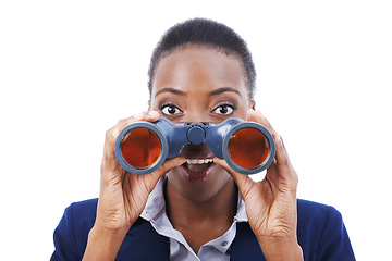 Image showing Woman, face and shocked with binocular in studio for scenery, travel location or holiday adventure. Flight attendant, african person and sightseeing view on business trip with white background