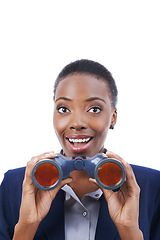 Image showing Businesswoman, face and surprised with binocular in studio for opportunity, announcement or promotion. Entrepreneur, african person and shocked by good news on mock up space with white background