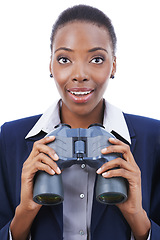 Image showing Businesswoman, face and happy with binocular in studio for opportunity, announcement or search. Entrepreneur, african person and surprised by good news on mock up space with white background