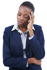 Image showing Business, woman and headache in studio with burnout, stress or mental health for career overwork. Entrepreneur, african person and migraine from corporate fatigue, tired or strain on white background