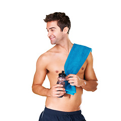 Image showing Thinking, shirtless and man with water bottle, towel and model isolated on a white studio background. Person, smile and guy with hydration and mockup space with nutrition and fitness with confidence